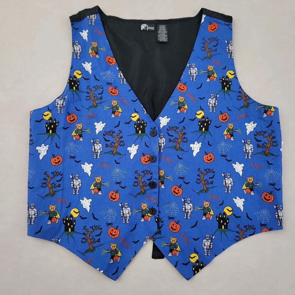 New Halloween Vest Blue Black XL Holiday Edition Cute Ghost Pumpkins 4 Button
